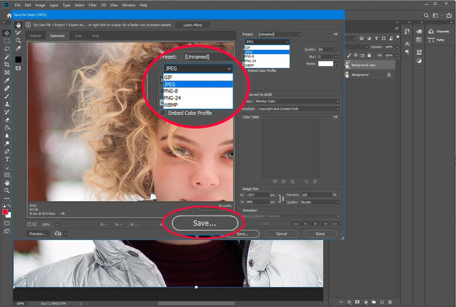 Adobe Photoshop. 웹용으로 PSD 저장하기 (JPG)..