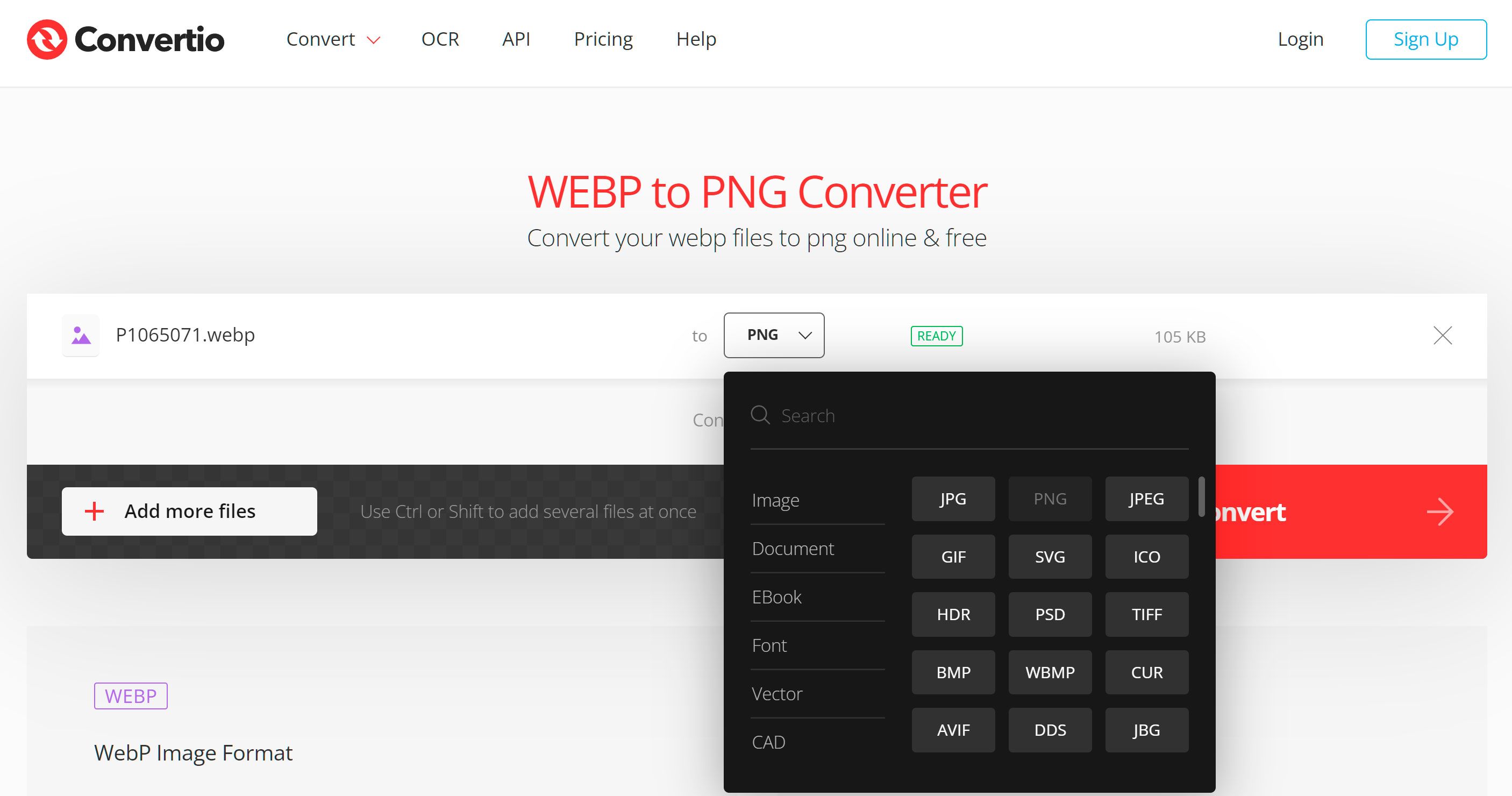 온라인에서 WebP에서 PNG로 변환하기 위해 PNG 형식을 선택합니다..