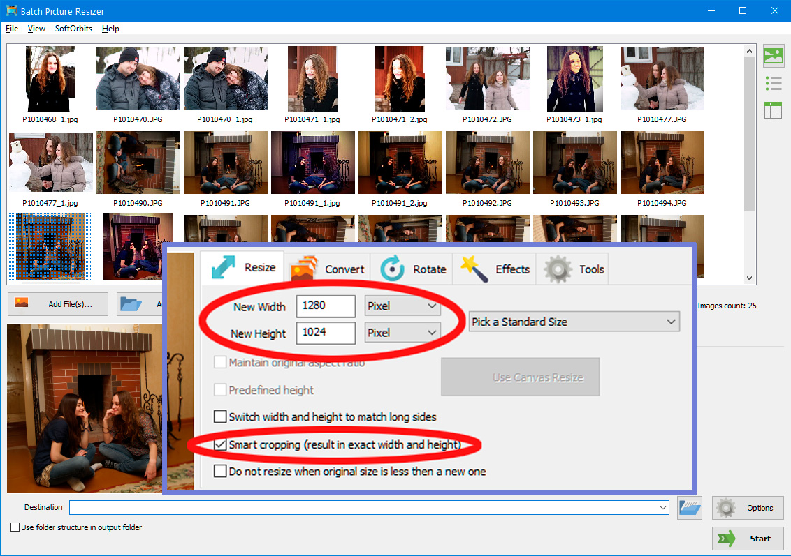 여러 이미지의 스마트 크기 조정 선택.