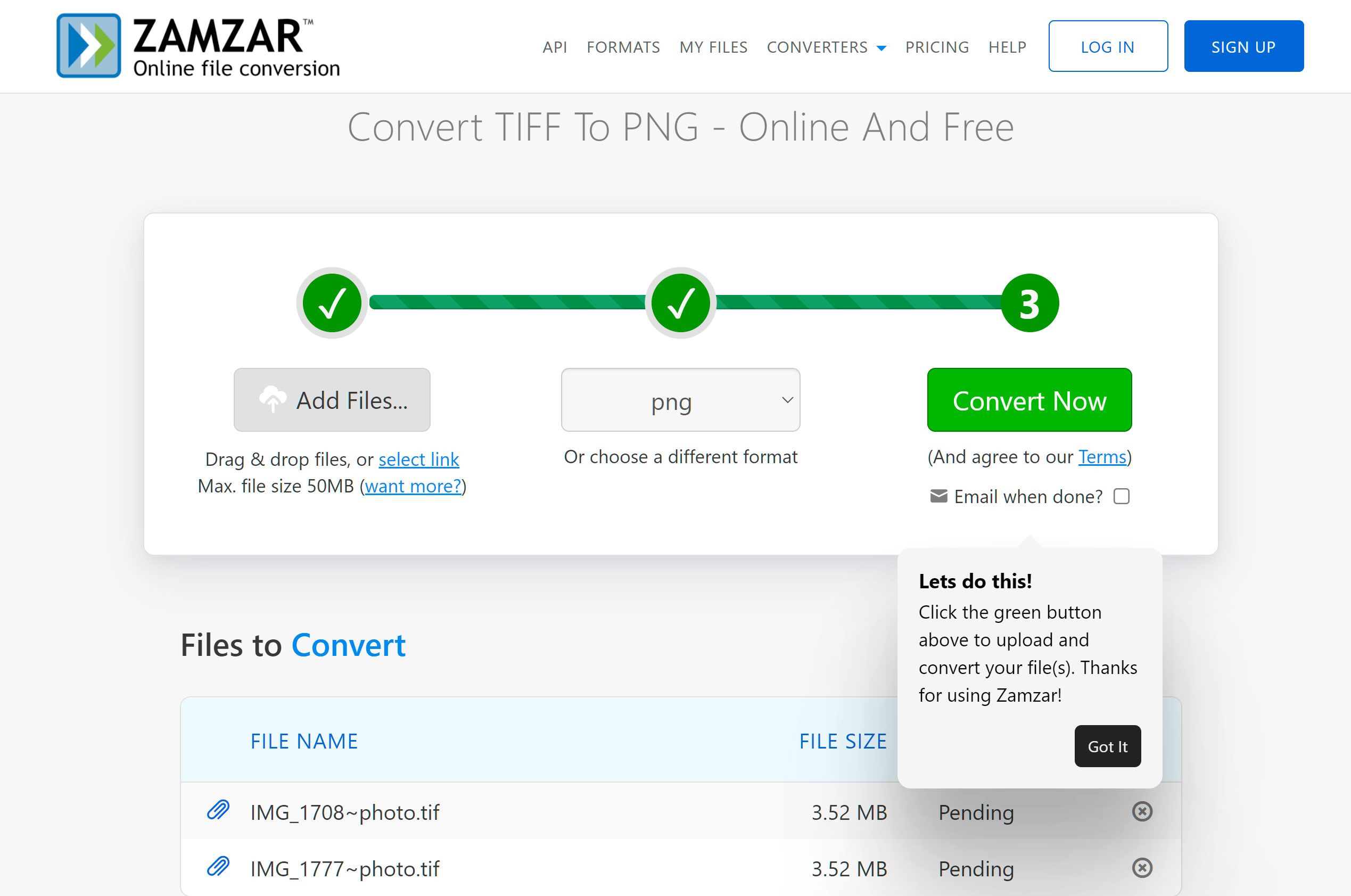 파일을 Convert TIFF to PNG Online에 추가하다..
