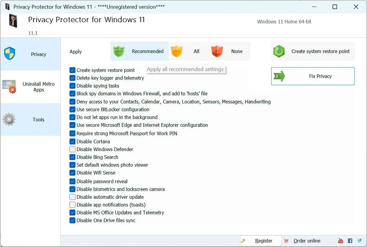 Privacy Protector for Windows 11 스크린샷.