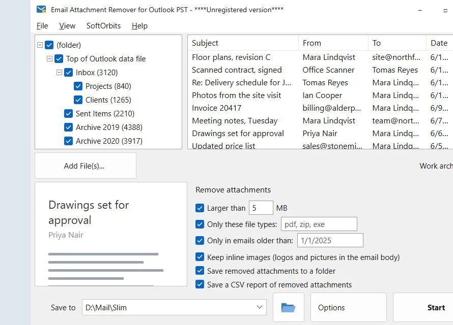 Email Attachment Remover for Outlook PST 스크린샷.