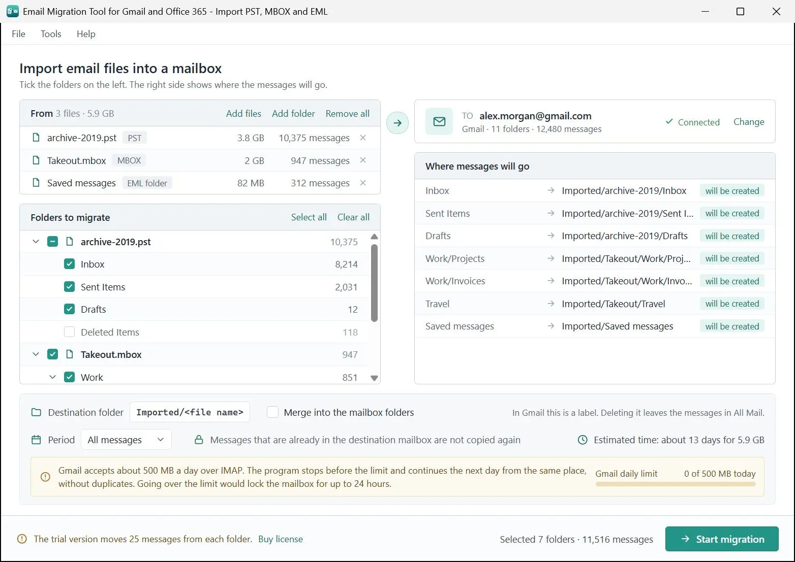Email Migration Tool for Gmail and Office 365 - Import PST, MBOX and EML 스크린샷.