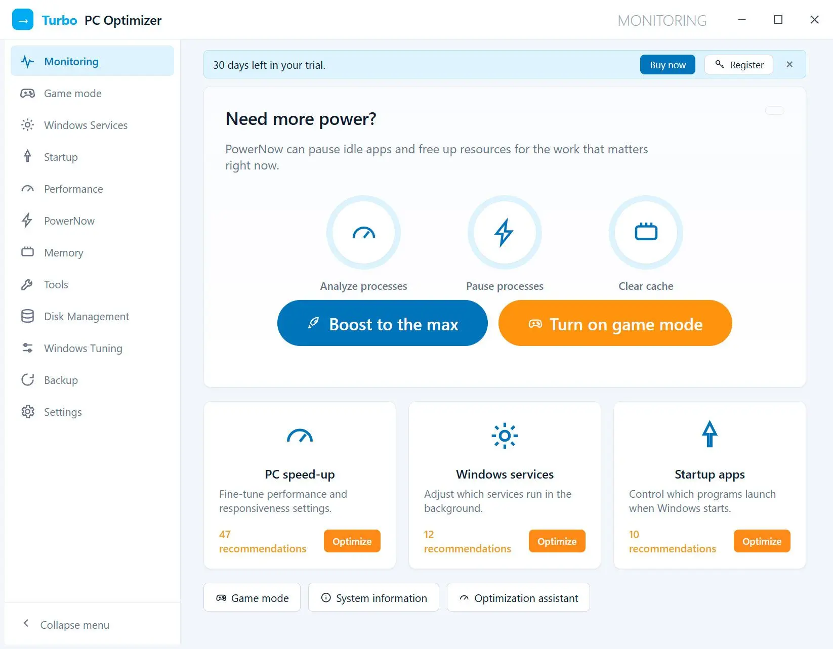 Turbo PC Optimizer 스크린샷.