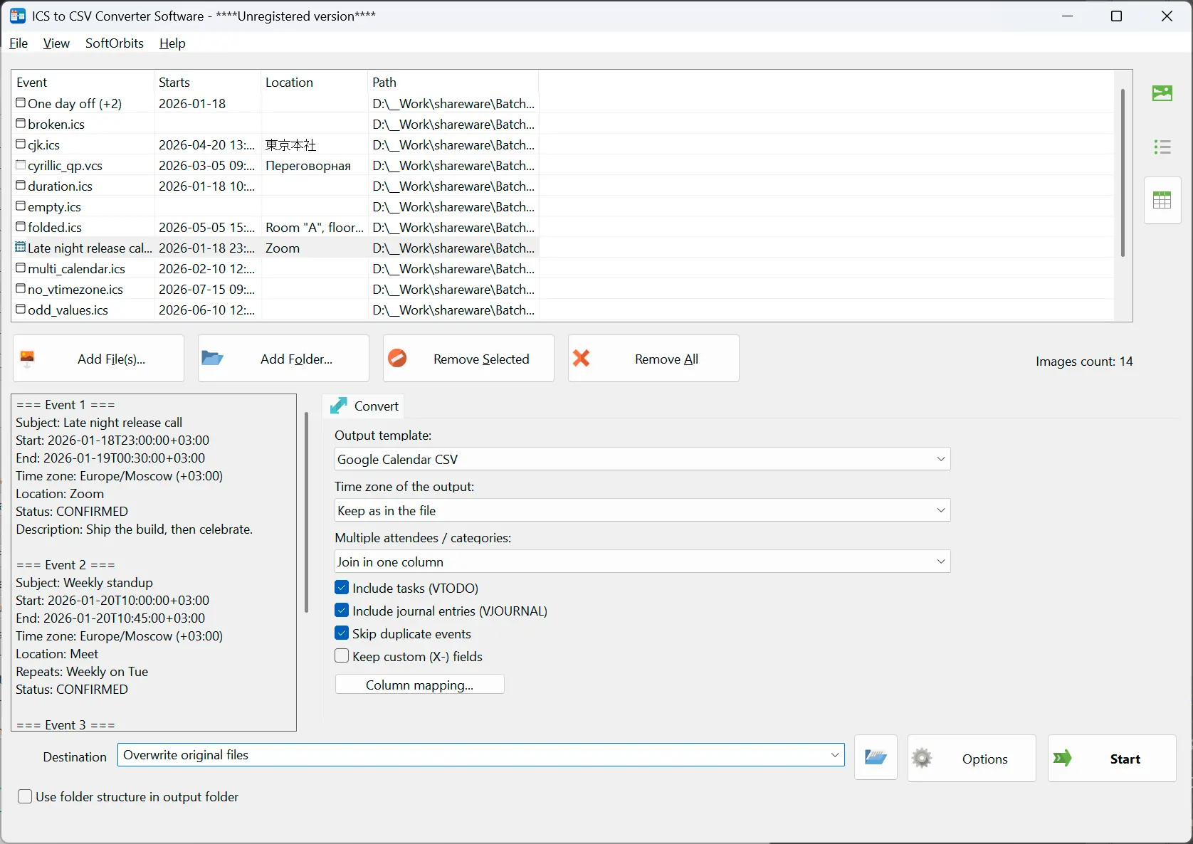 ICS to CSV Converter 스크린샷.