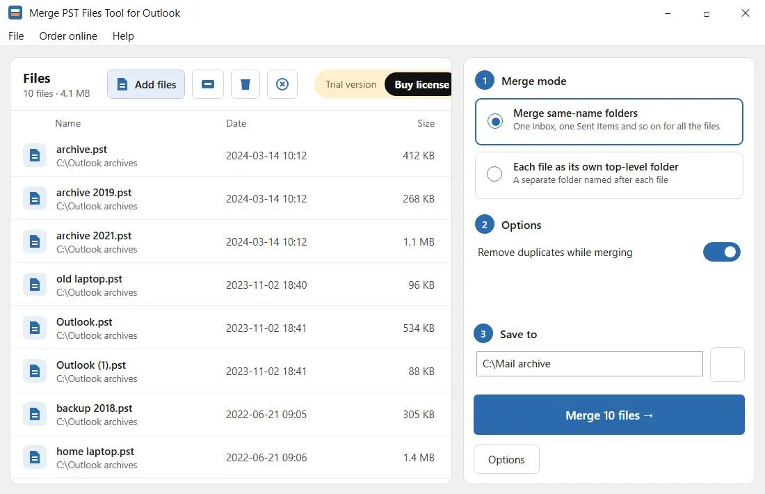 Merge PST Files Tool for Outlook 스크린샷.