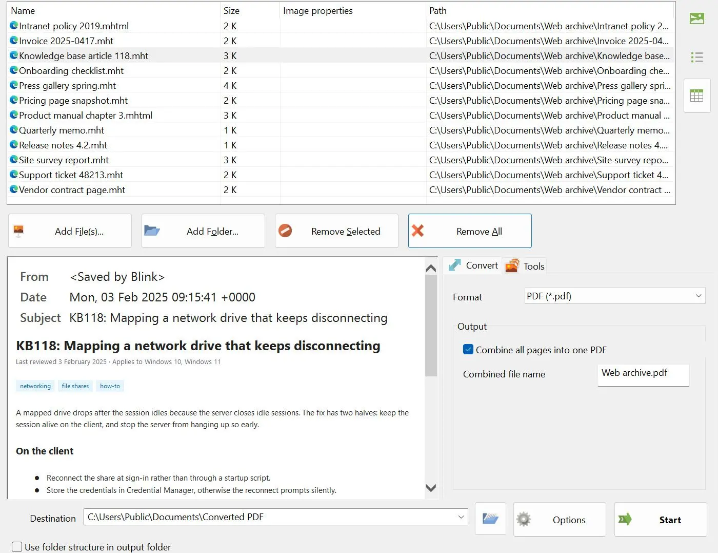 MHTML to PDF Converter 스크린샷.