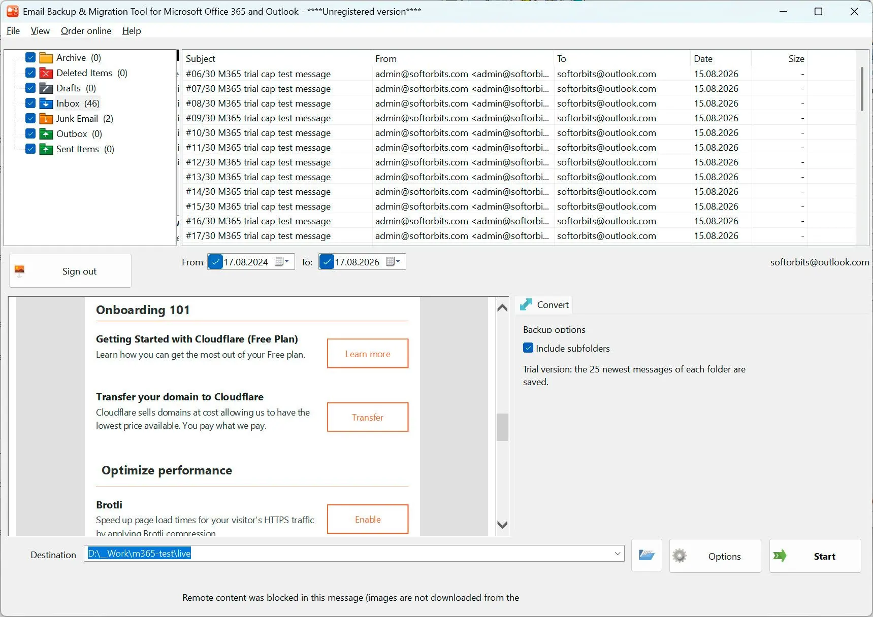 Email Backup & Migration Tool for Microsoft Office 365 and Outlook 스크린샷.