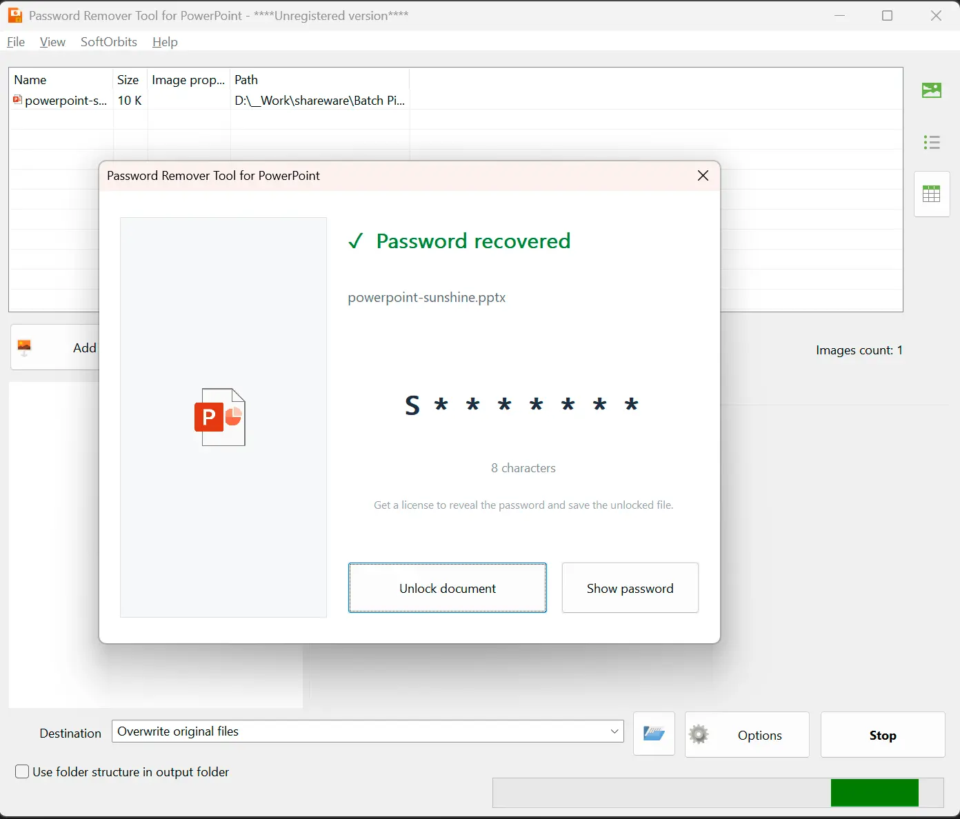 Password Remover Tool for PowerPoint 스크린샷.