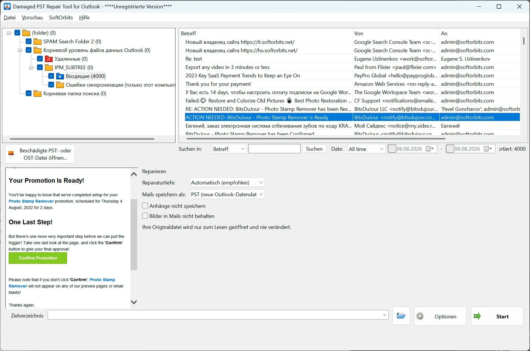 PST Repair Tool for Outlook 스크린샷.