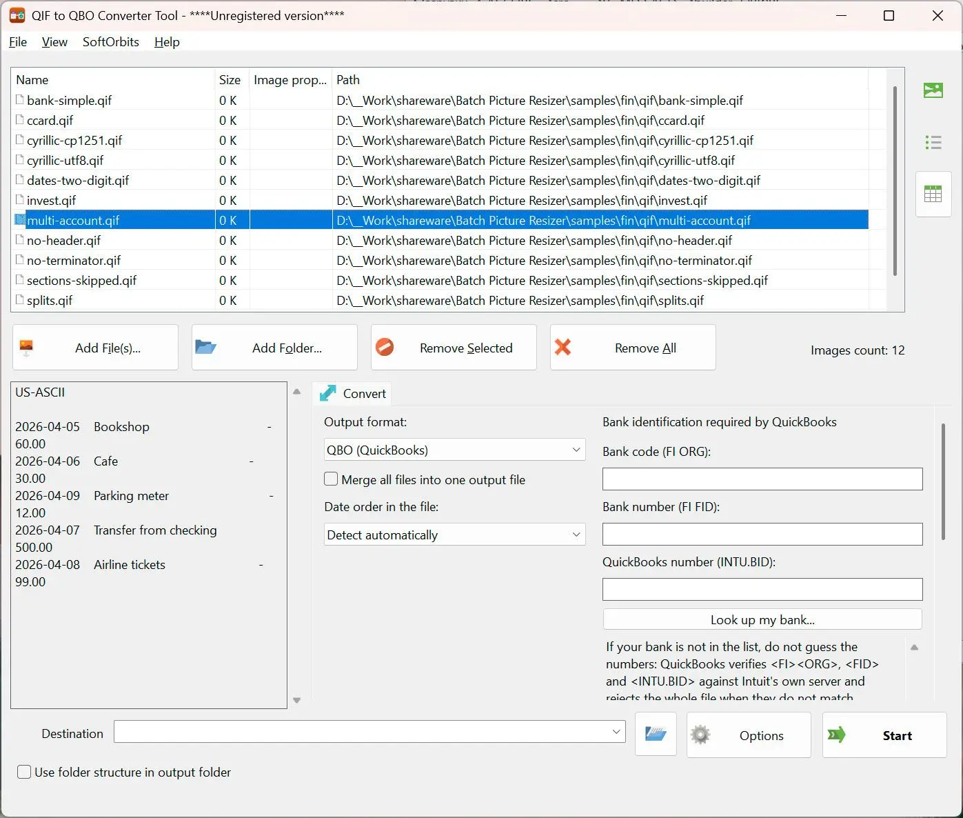 QIF to QBO Converter 스크린샷.