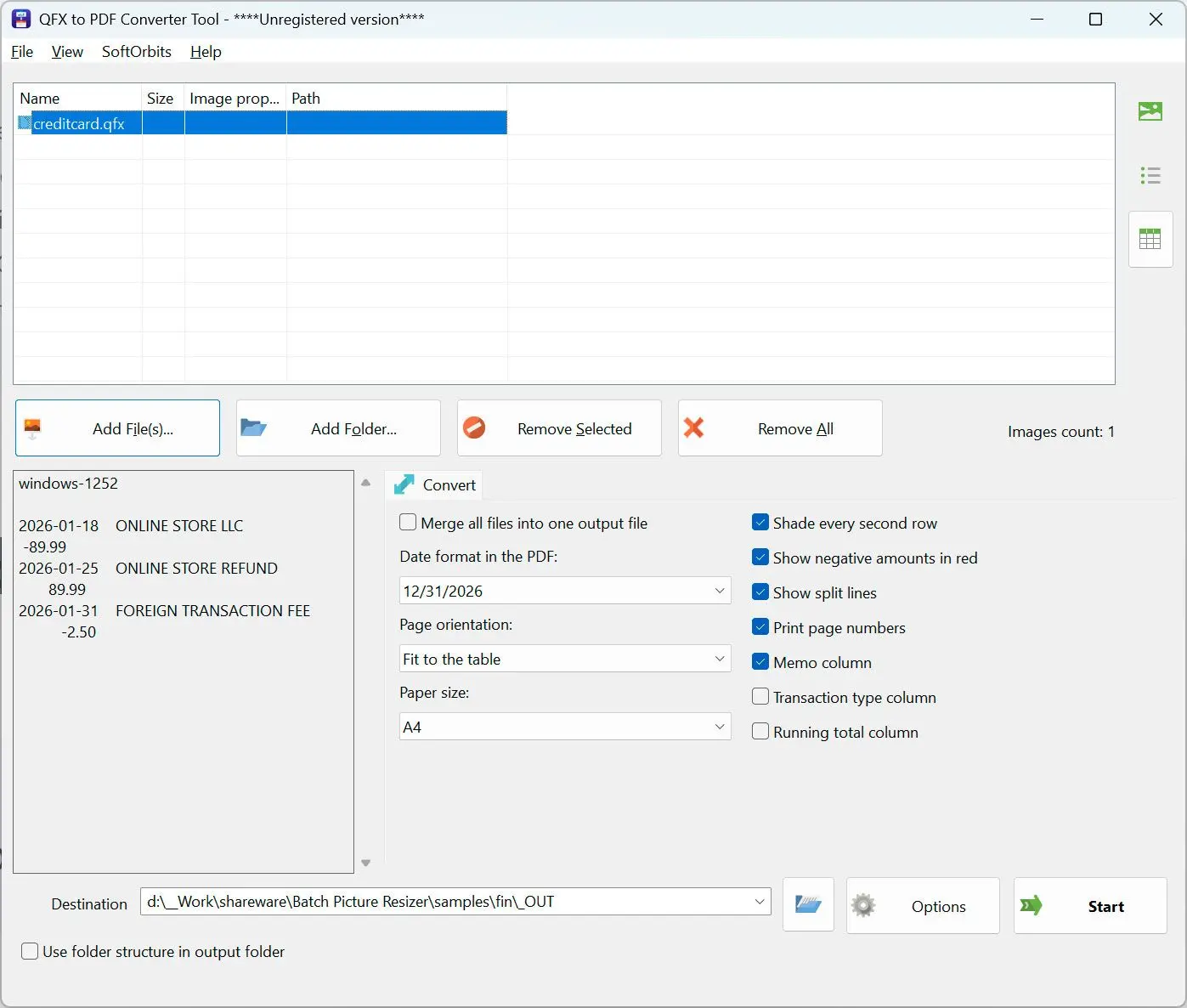 QFX to PDF Converter 스크린샷.