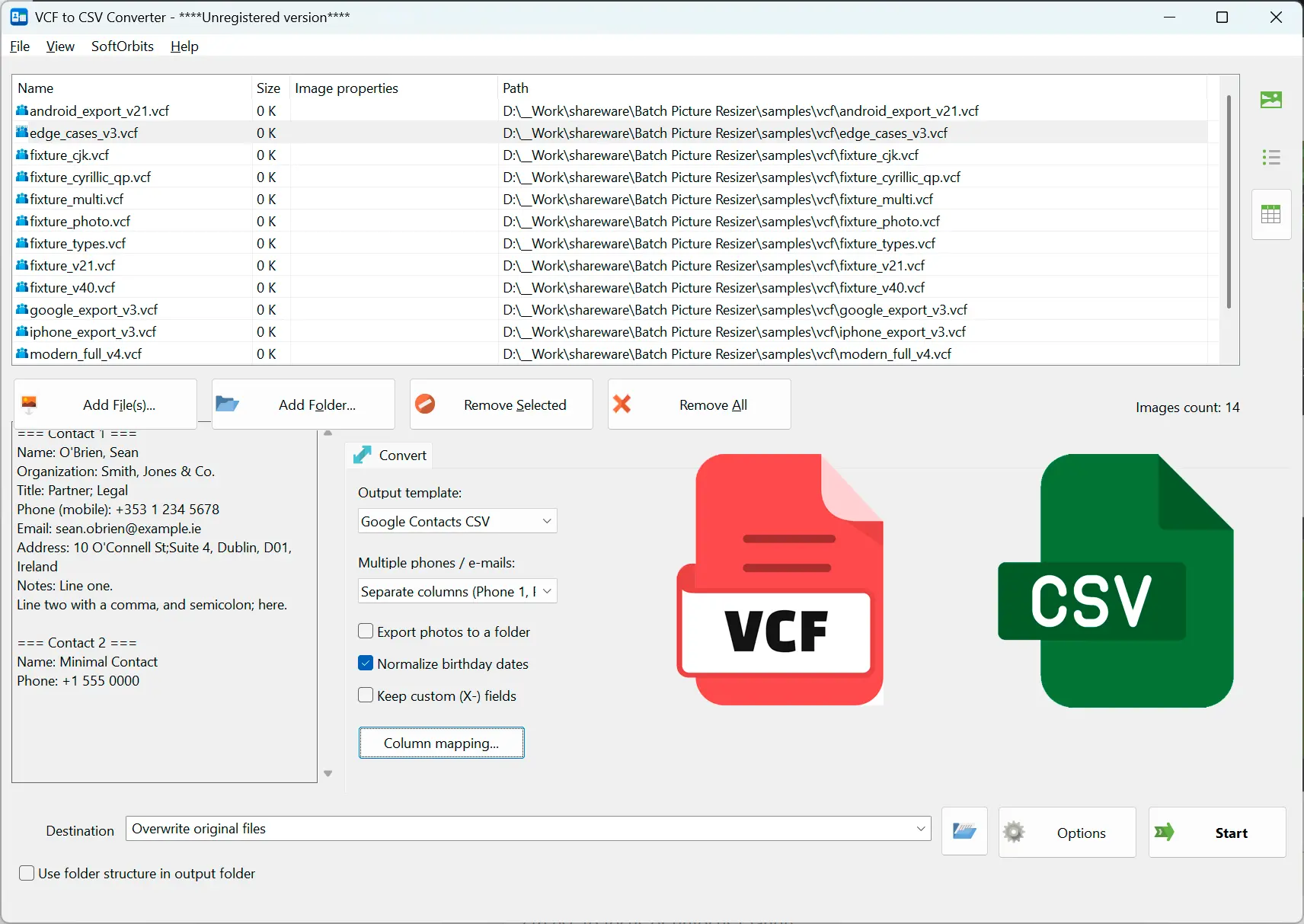 VCF to CSV Converter Software 스크린샷.