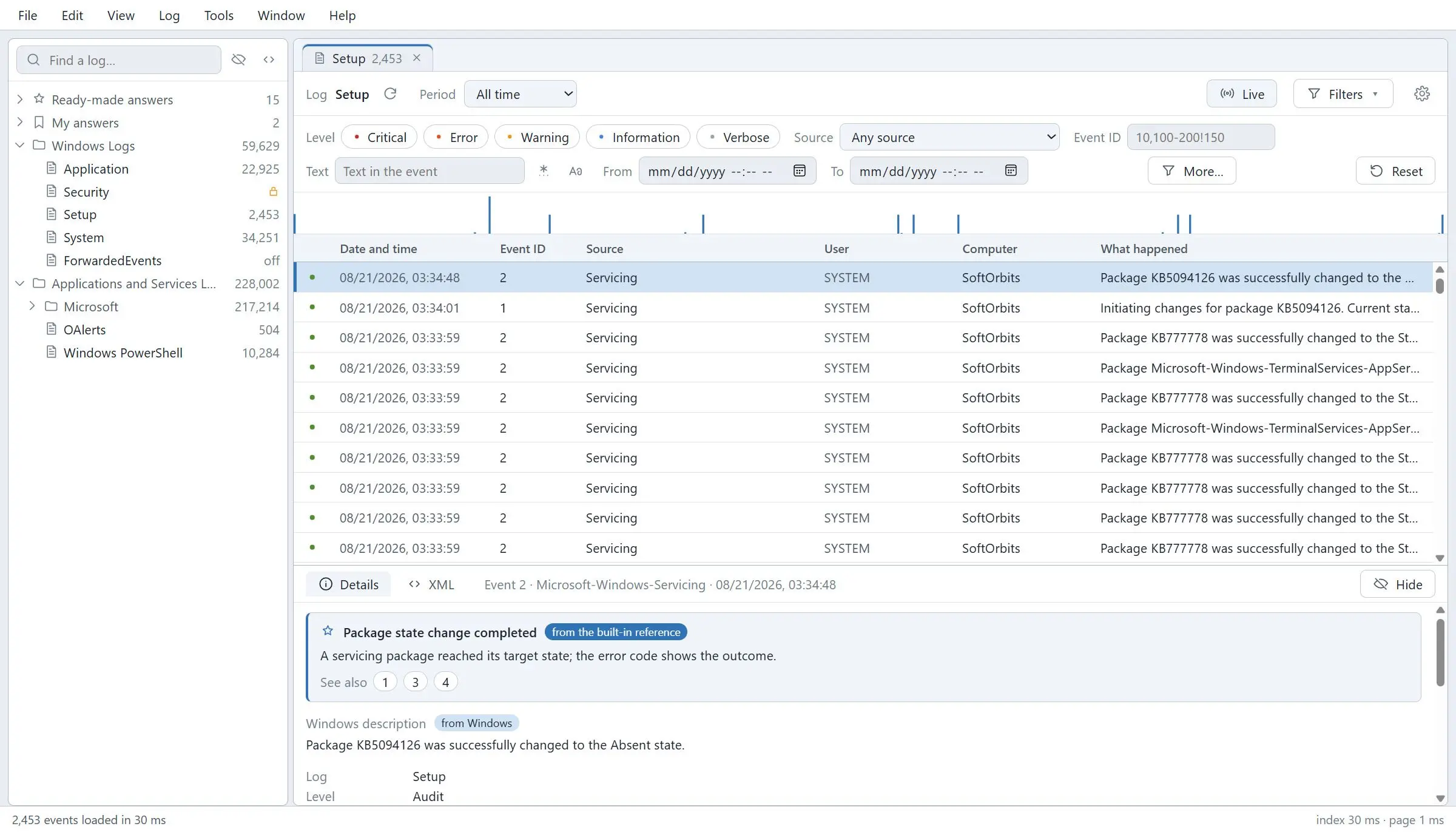 Windows Event Log Viewer 스크린샷.